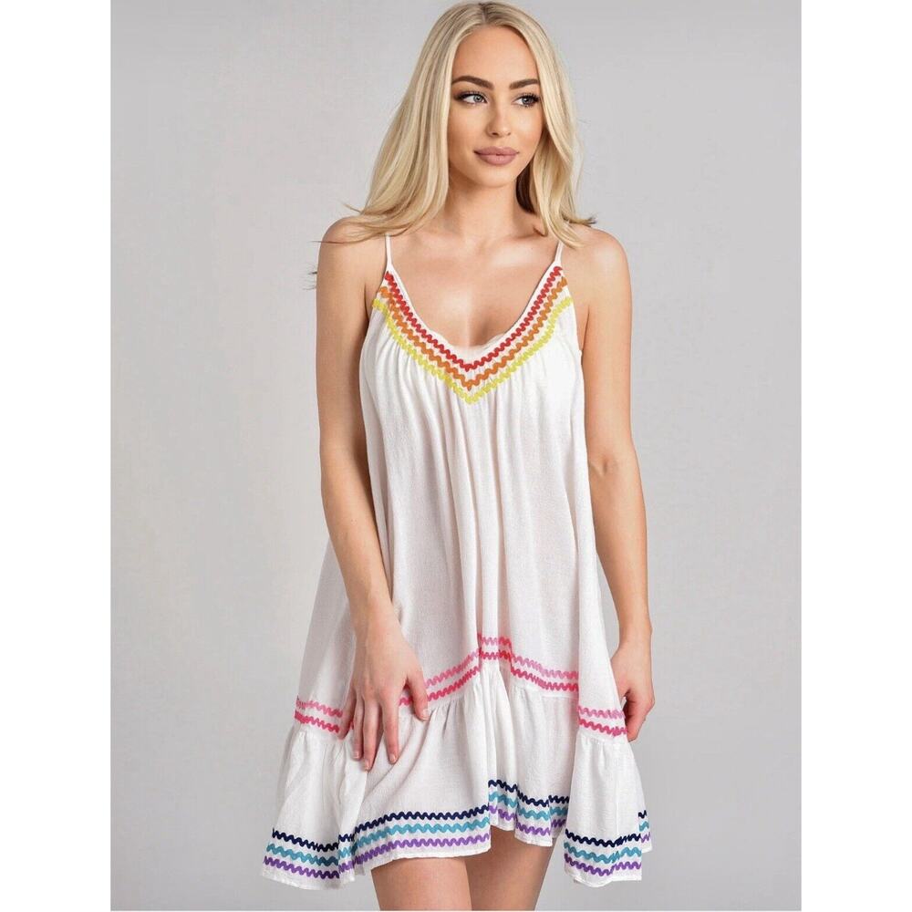 9 Seed St Tropez Cute Rainbow Zig Zag Trim Flowy VNeck Mini Pleated Sun Dress OS